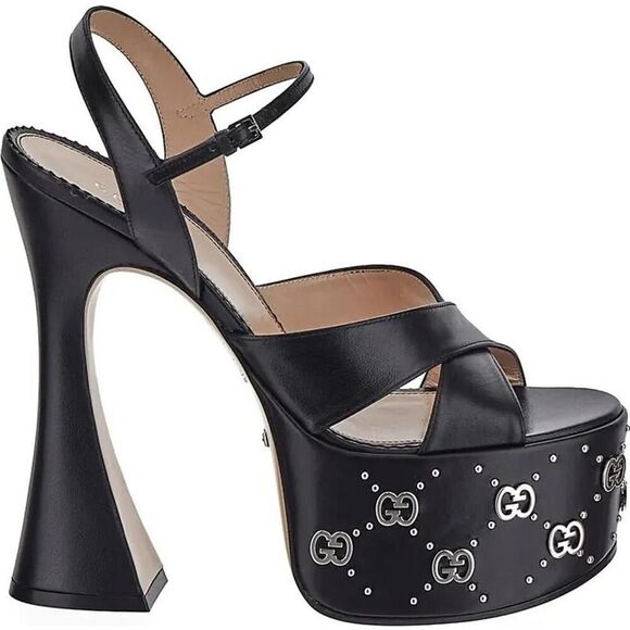Gucci GG Embellished Black Platform sandal Silver Interlocking G Studs 41 - Picture 8 of 10
